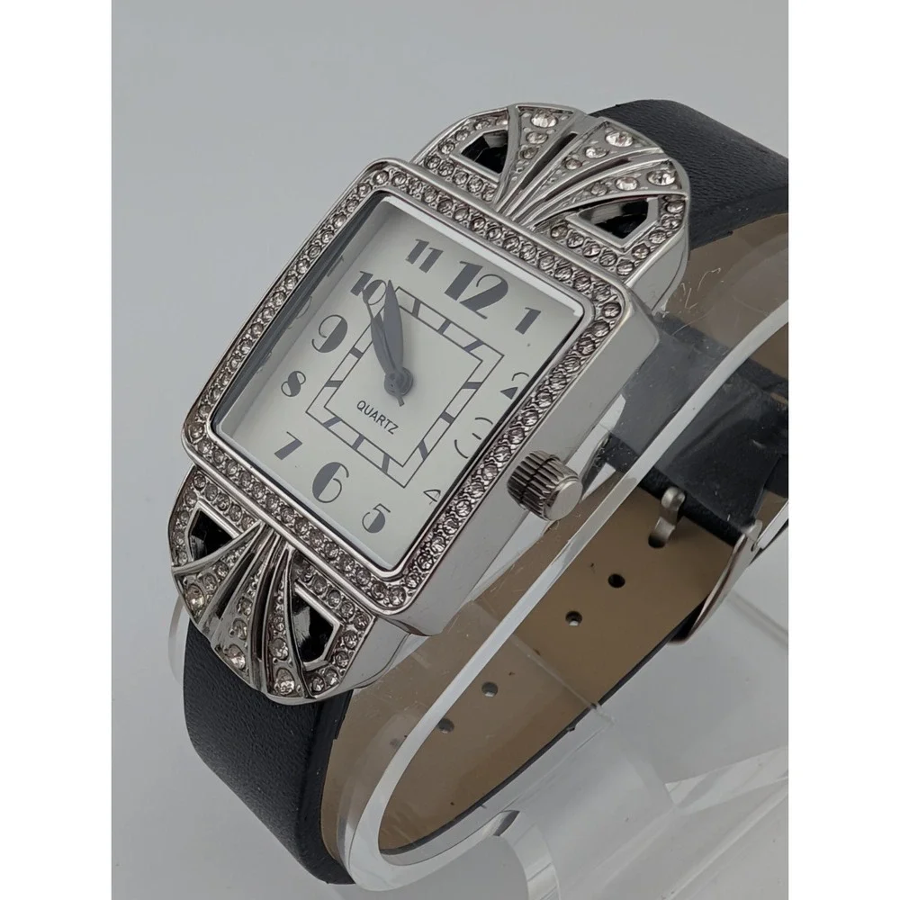 Avon Watch Women 26mm Silver Case Crystals‎ Black Band- New Battery